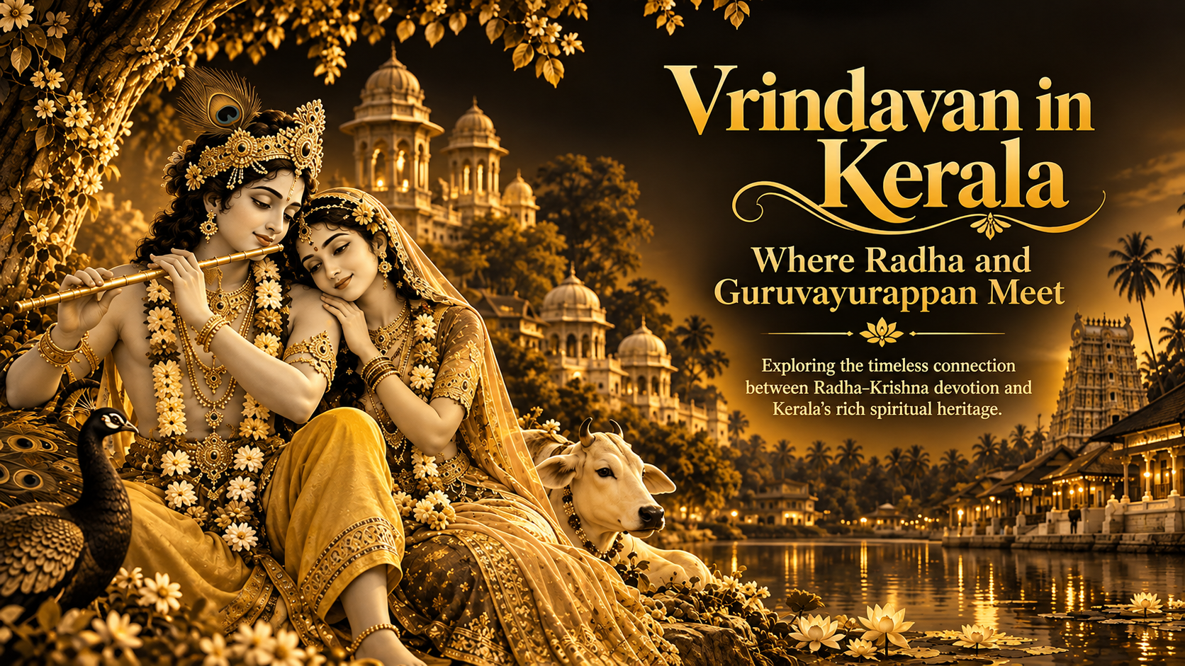 Radha and Krishna in black and gold devotional artwork for Vrindavan in Kerala near Guruvayur